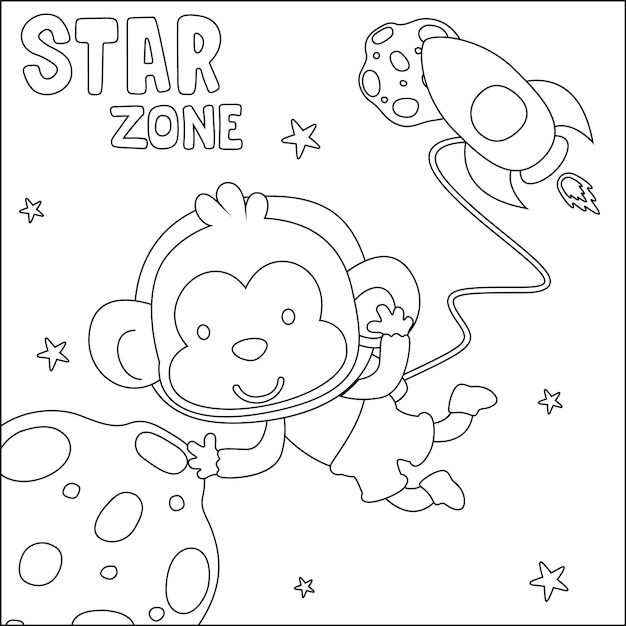 Ilustración vectorial de lindos astronautas de dibujos animados mono pequeño en el espacio para colorear libro o página