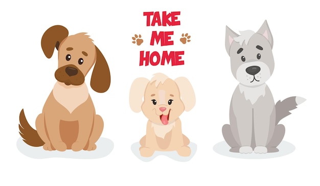 Ilustración vectorial de lindos cachorros Toma del refugio