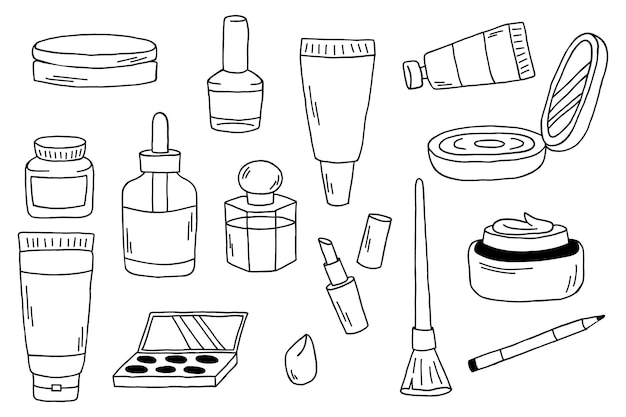 Vector ilustración vectorial de lindos iconos de cosméticos y artículos de maquillaje de niña establecidos en estilo garabato dibujado a mano