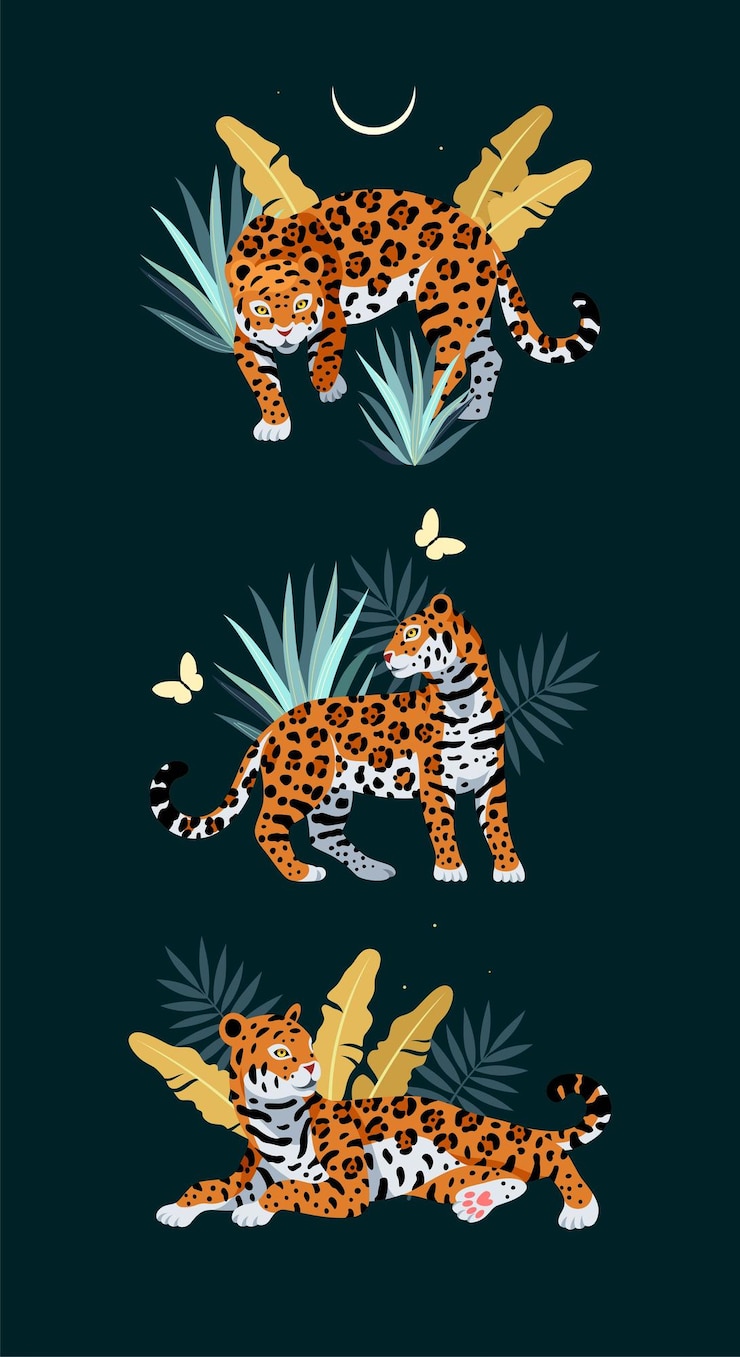 Vector ilustración vectorial de lindos jaguares, hojas de palma y mariposas tropicales