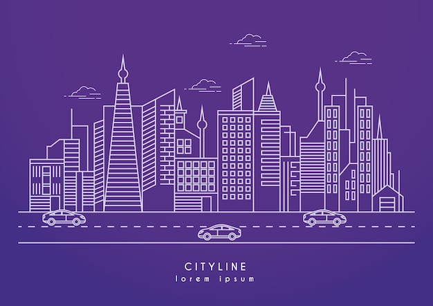 Ilustración vectorial de la línea de la ciudad con altos rascacielos