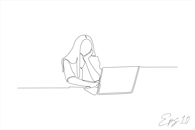 Ilustración vectorial de línea continua de una mujer frente a una computadora portátil