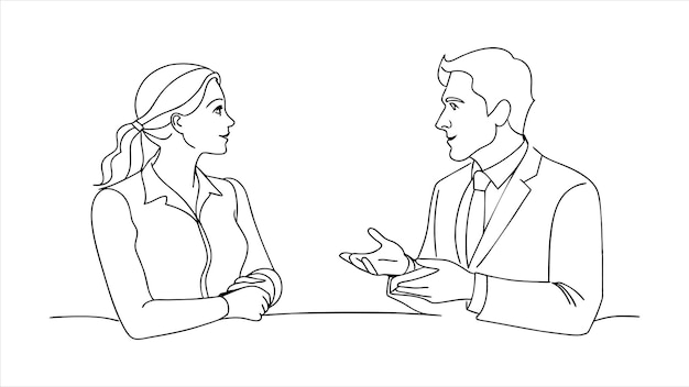 Ilustración vectorial de línea de conversación de chica y chico de negocios en fondo blanco