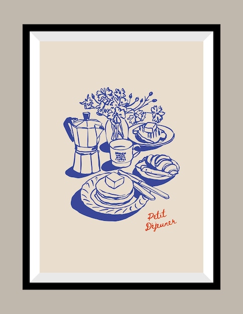 Ilustración vectorial de la línea de desayuno bohemia en un marco de póster para una galería de arte moderno