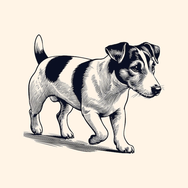 Ilustración vectorial de línea negra y blanca de un Jack Russell Terrier caminando