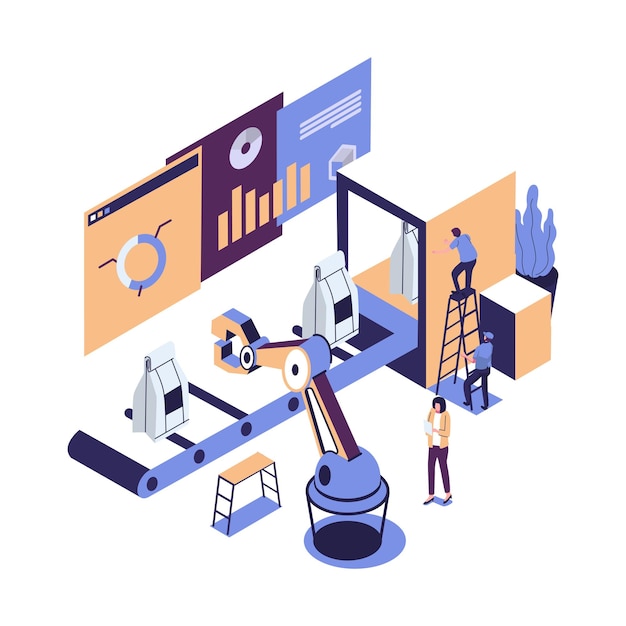 Vector ilustración vectorial de una línea de producción con automatización de trabajadores y concepto de interfaz de usuario, usuario que se conecta con una tableta y comparte datos con un sistema ciberfísico industria inteligente 40