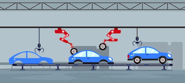 Ilustración vectorial de una línea de producción de máquinas automatizadas Escena de dibujos animados de un ensamblaje paso a paso de una máquina con un robot industrial que agrega elementos a las luces y ruedas de la máquina