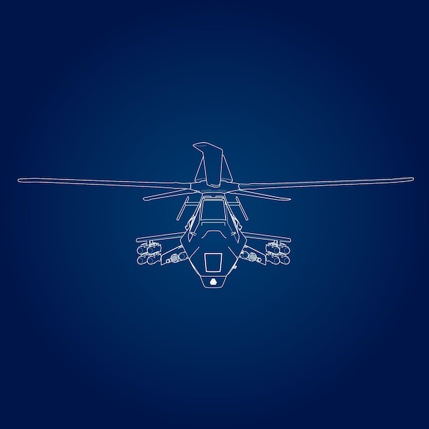 Ilustración vectorial lineal de un helicóptero militar sobre un fondo azul.