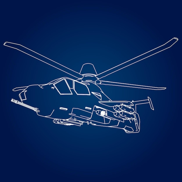 Vector ilustración vectorial lineal de un helicóptero militar sobre un fondo azul