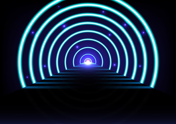 Vector ilustración vectorial de líneas brillantes de neón y fondo de gradiente oscuro abstracto