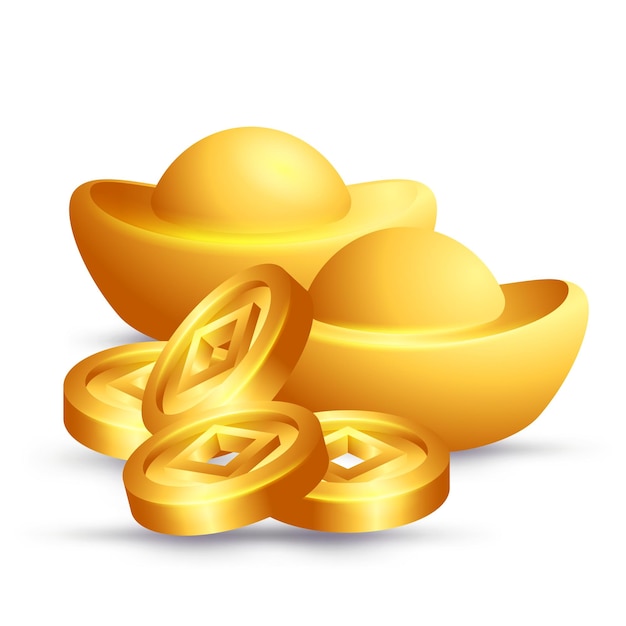 Ilustración vectorial de lingotes y monedas de oro chinas con fondo transparente
