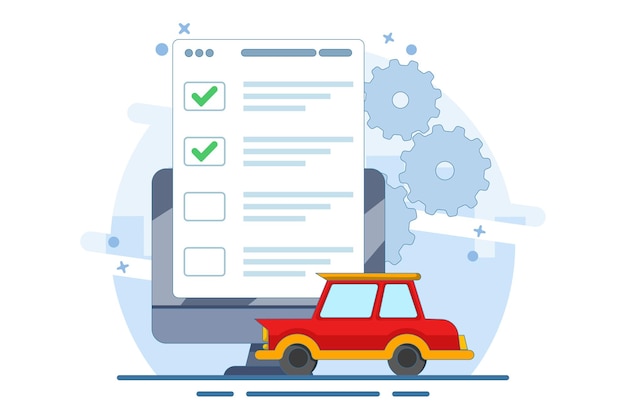 Ilustración vectorial Lista de comprobación de vehículos de automóviles Concepto de inspección o servicio técnico de mantenimiento de automóviles