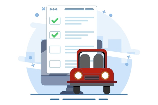 Ilustración vectorial Lista de comprobación de vehículos de automóviles Concepto de inspección o servicio técnico de mantenimiento de automóviles