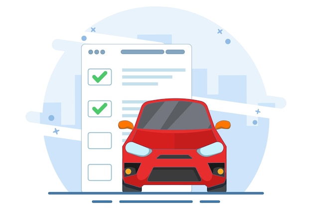 Ilustración vectorial Lista de comprobación de vehículos de automóviles Concepto de inspección o servicio técnico de mantenimiento de automóviles