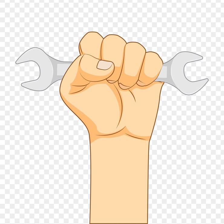 Vector ilustración vectorial de una llave inglesa con la mano del puño en un fondo transparente
