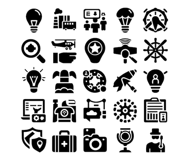 Ilustración vectorial llena de icono conjunto silueta en blanco y negro conjunto de iconos para web