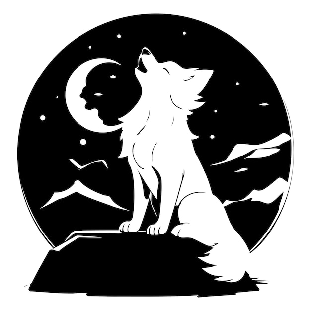 Vector ilustración vectorial de un lobo sentado en una roca a la luz de la luna