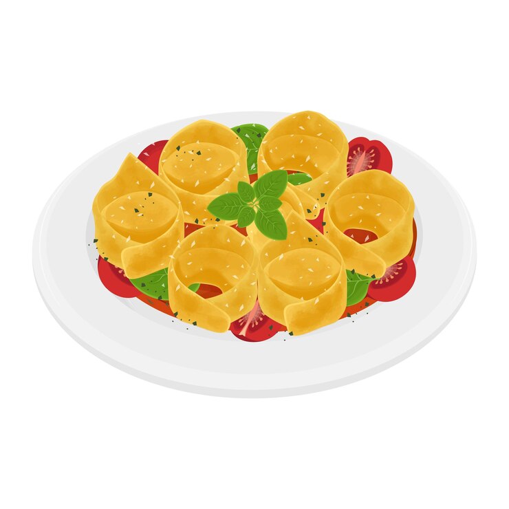 Ilustración vectorial Logo Clipart Tortellini al Ragu o Tortellino Bolognese en un plato blanco