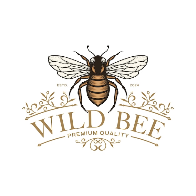 Ilustración vectorial del logotipo de la abeja de miel dibujada a mano con flores