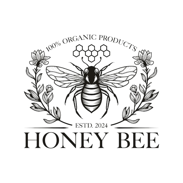 Ilustración vectorial del logotipo de la abeja de miel dibujada a mano con flores
