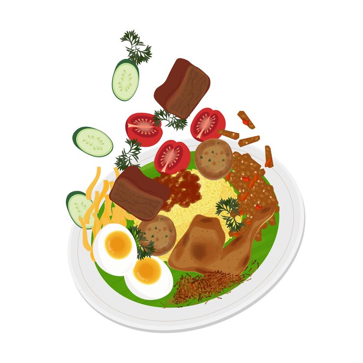 Ilustración vectorial del logotipo levitación Nasi Kuning o arroz amarillo o arroz cúrcuma en un plato