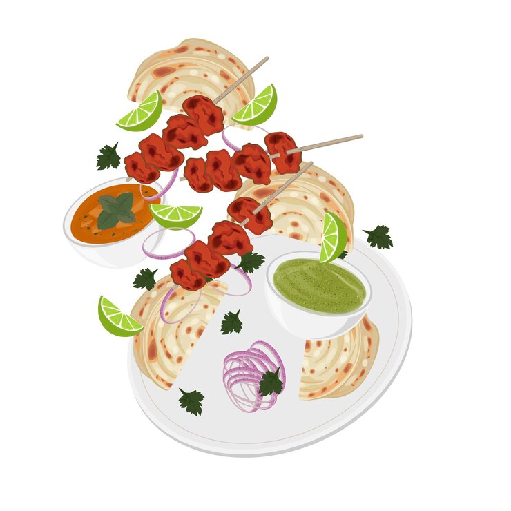 Ilustración vectorial del logotipo levitación Paratha con pollo tandoori