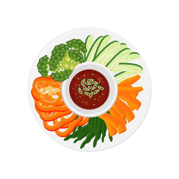 Ilustración vectorial del logotipo de la salsa Ssamjang con verduras frescas