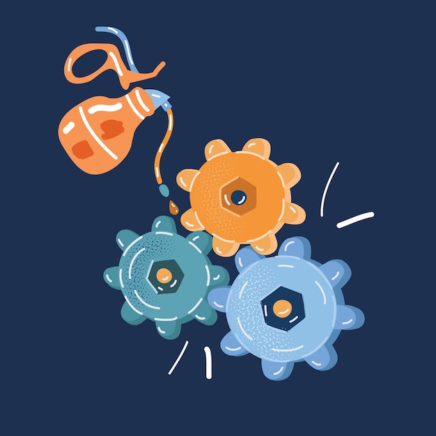 Ilustración vectorial de la lubricación del engranaje sobre un fondo oscuro