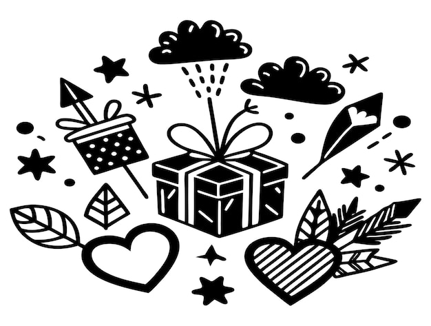 Ilustración vectorial lúdica con caja de regalos y elementos divertidos de Doodle