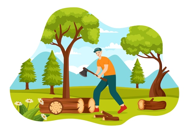 Ilustración vectorial de madera con hombre cortando madera y árbol con maquinaria de equipo de trabajo de leñador