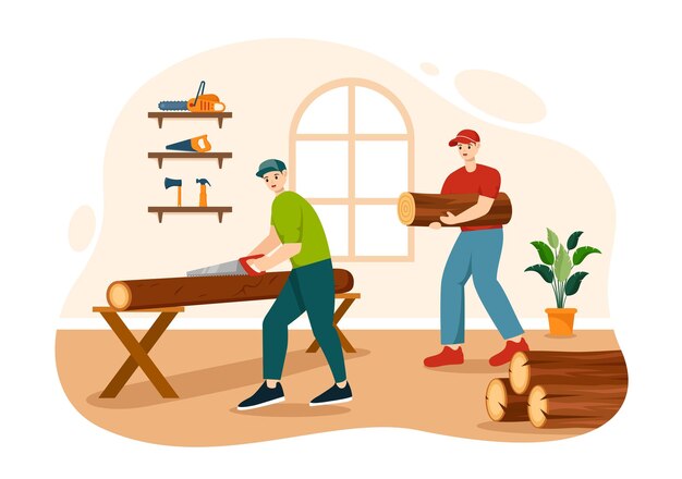 Ilustración vectorial de madera con hombre cortando madera y árbol con maquinaria de equipo de trabajo de leñador