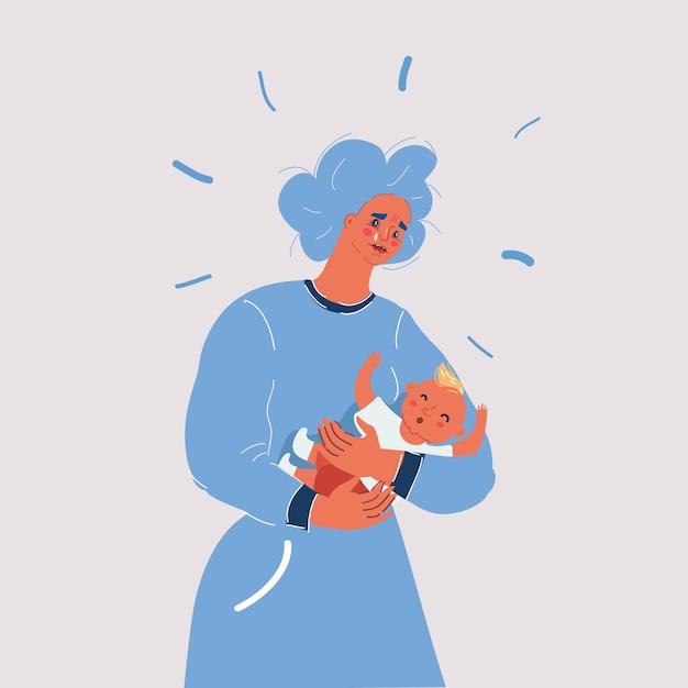 Ilustración vectorial de una madre con expresión triste sosteniendo a un recién nacido