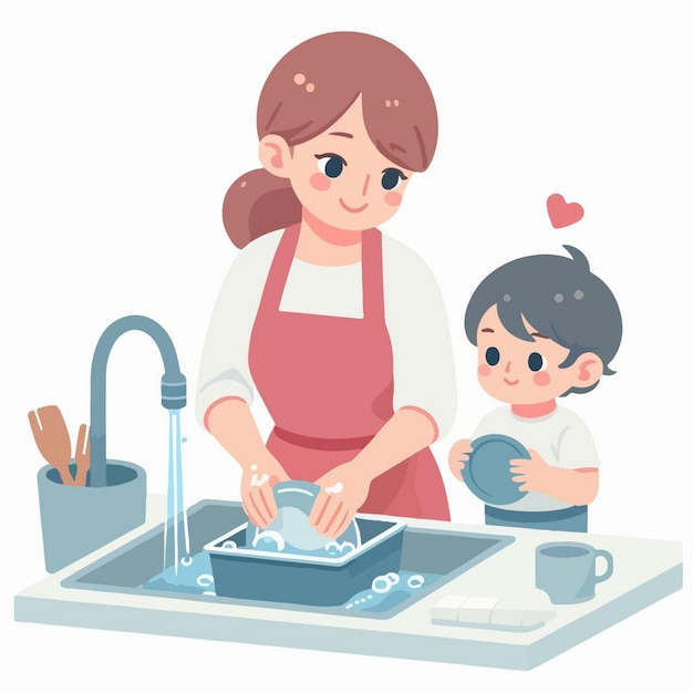 Ilustración vectorial de una madre joven lavando platos