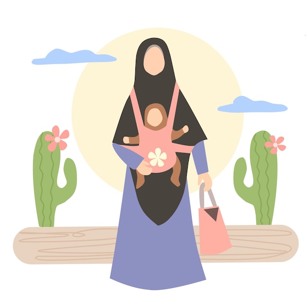 Vector ilustración vectorial madre musulmana sosteniendo lindo bebé