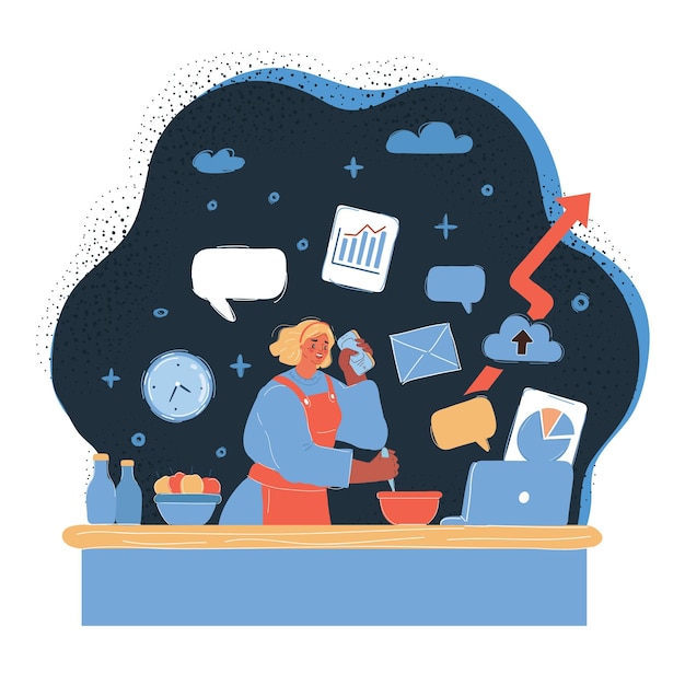 Ilustración vectorial de madre ocupada haciendo muchas tareas simultáneamente cocinando trabajando y hablando y en el teléfono por la noche escuchando una conferencia en fondo oscuro