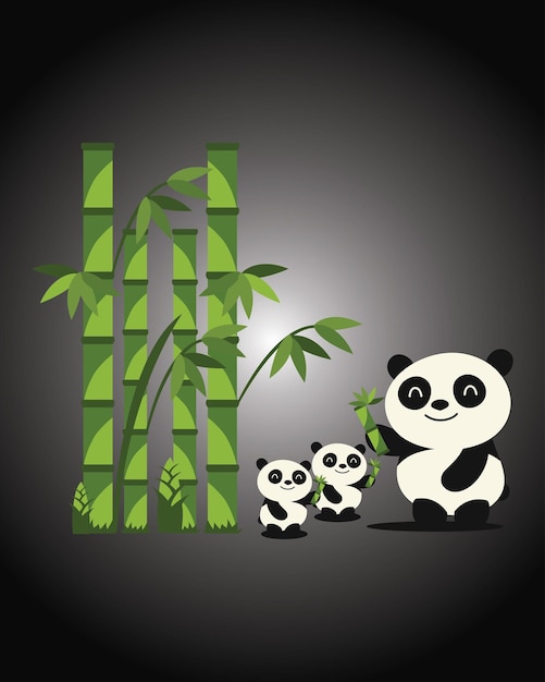 Ilustración vectorial de la madre panda con los niños festejando el bambú en el fondo negro del bosque