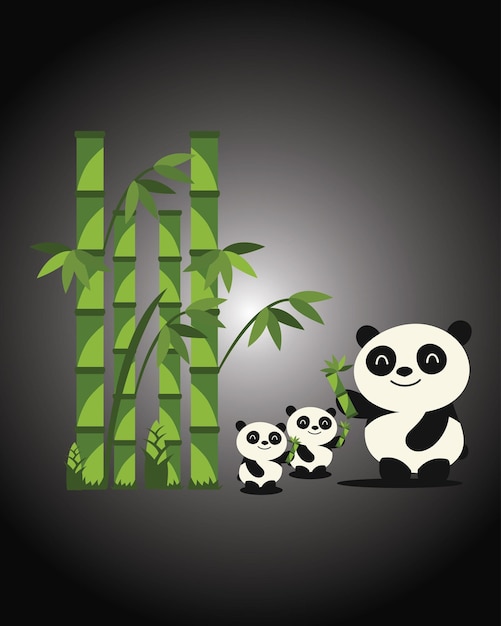 Vector ilustración vectorial de la madre panda con los niños festejando el bambú en el fondo negro del bosque