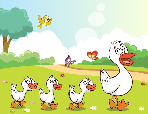 Ilustración vectorial de la madre pato y los patitos