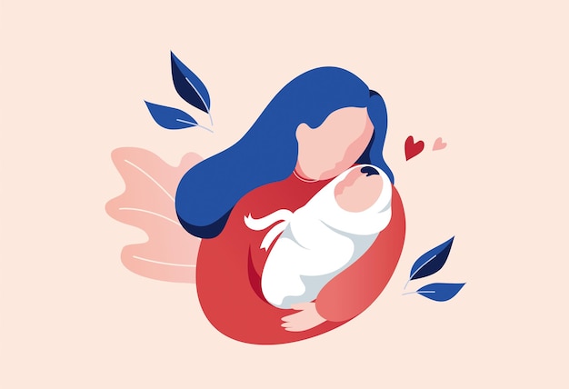 Vector ilustración vectorial de la madre sosteniendo al bebé en los brazos fondo floral