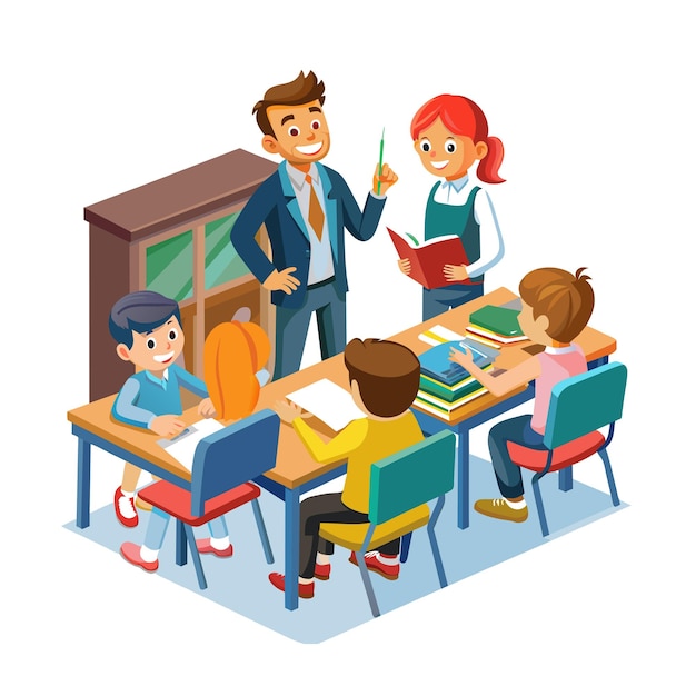Ilustración vectorial de un maestro enseñando en el aula