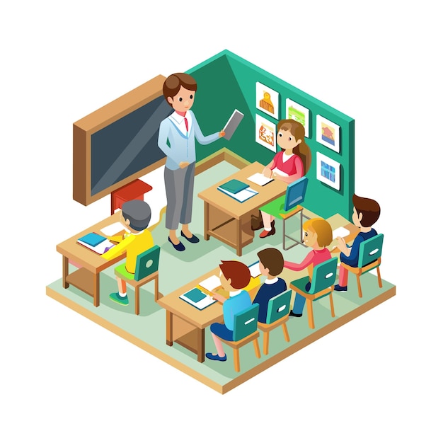 Ilustración vectorial de un maestro enseñando en el aula