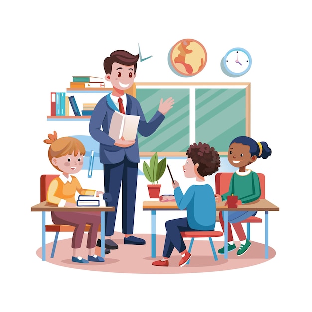 Ilustración vectorial de un maestro enseñando en el aula