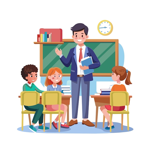 Ilustración vectorial de un maestro enseñando en el aula