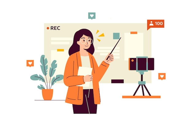 Ilustración vectorial de un maestro explicando el material a la audiencia a través de videoconferencia