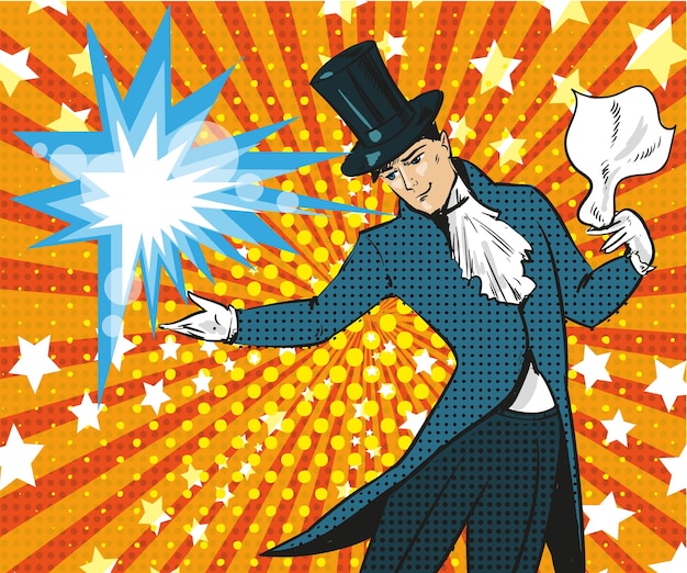 Ilustración vectorial de un mago realizando un truco Ilusiones espectáculo de magia o espectáculo de circo elemento de diseño en estilo cómico de arte pop retro