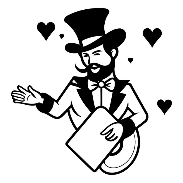 Ilustración vectorial de un mago sosteniendo una carta con corazones a su alrededor