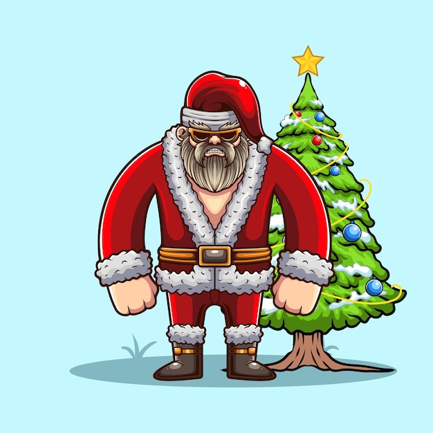 ilustración vectorial de mal santa claus con árbol de navidad