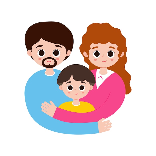 Ilustración vectorial de mamá y papá abrazando a su hijo o día mundial de los padres