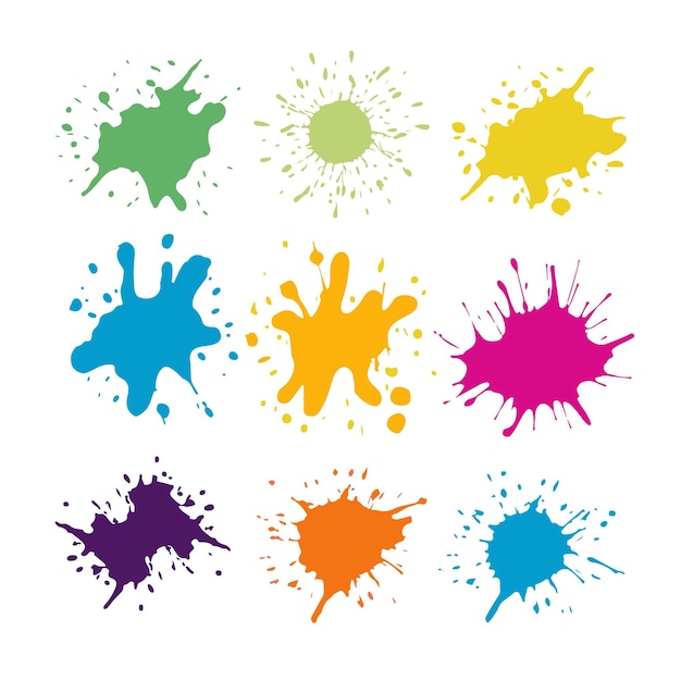 Ilustración vectorial de manchas de tinta de colores con salpicaduras de pintura
