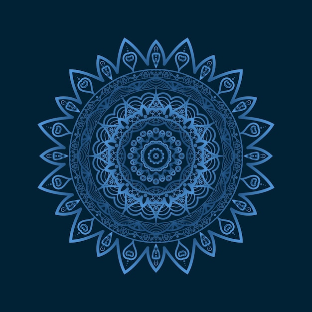Ilustración vectorial de un mandala azul con un patrón de círculos y la palabra mandala sobre un fondo azul oscuro.